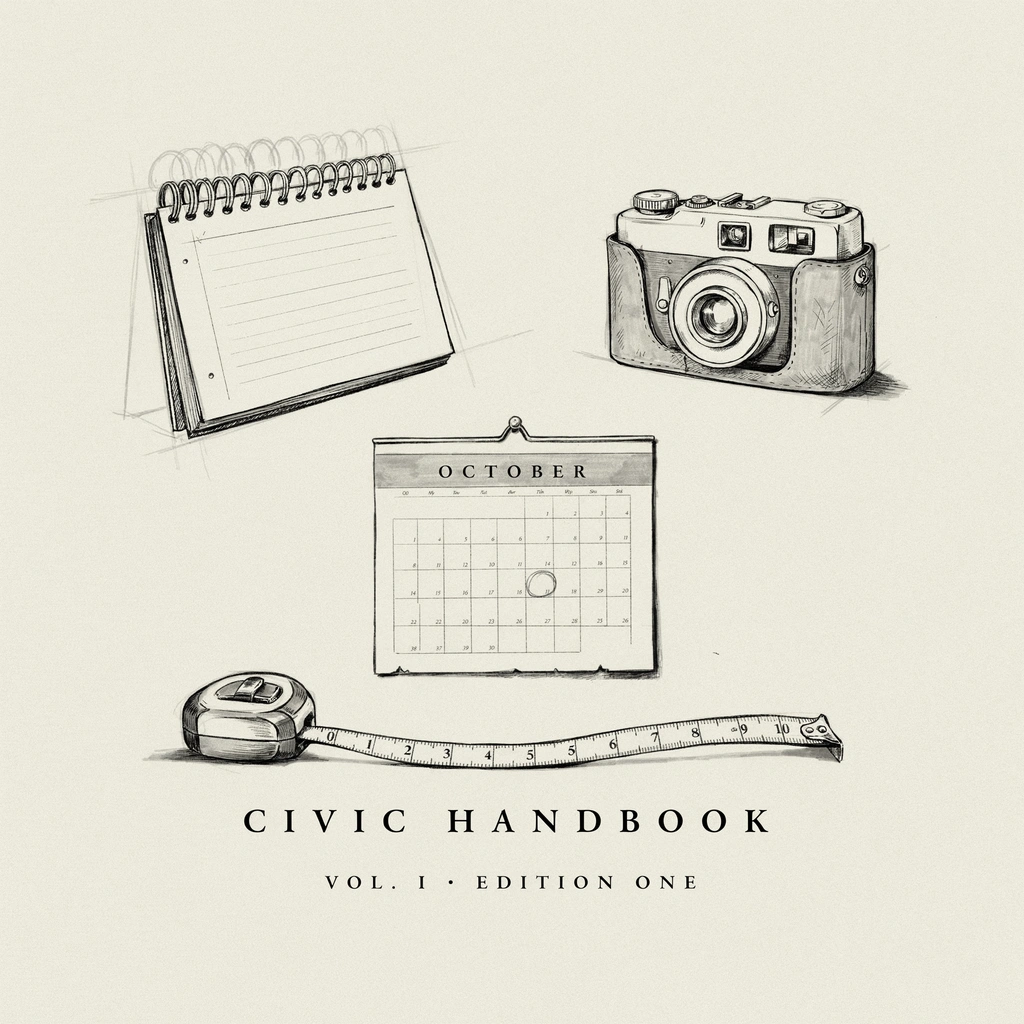 Civic handbook still life — notebook, camera, calendar, tape measure